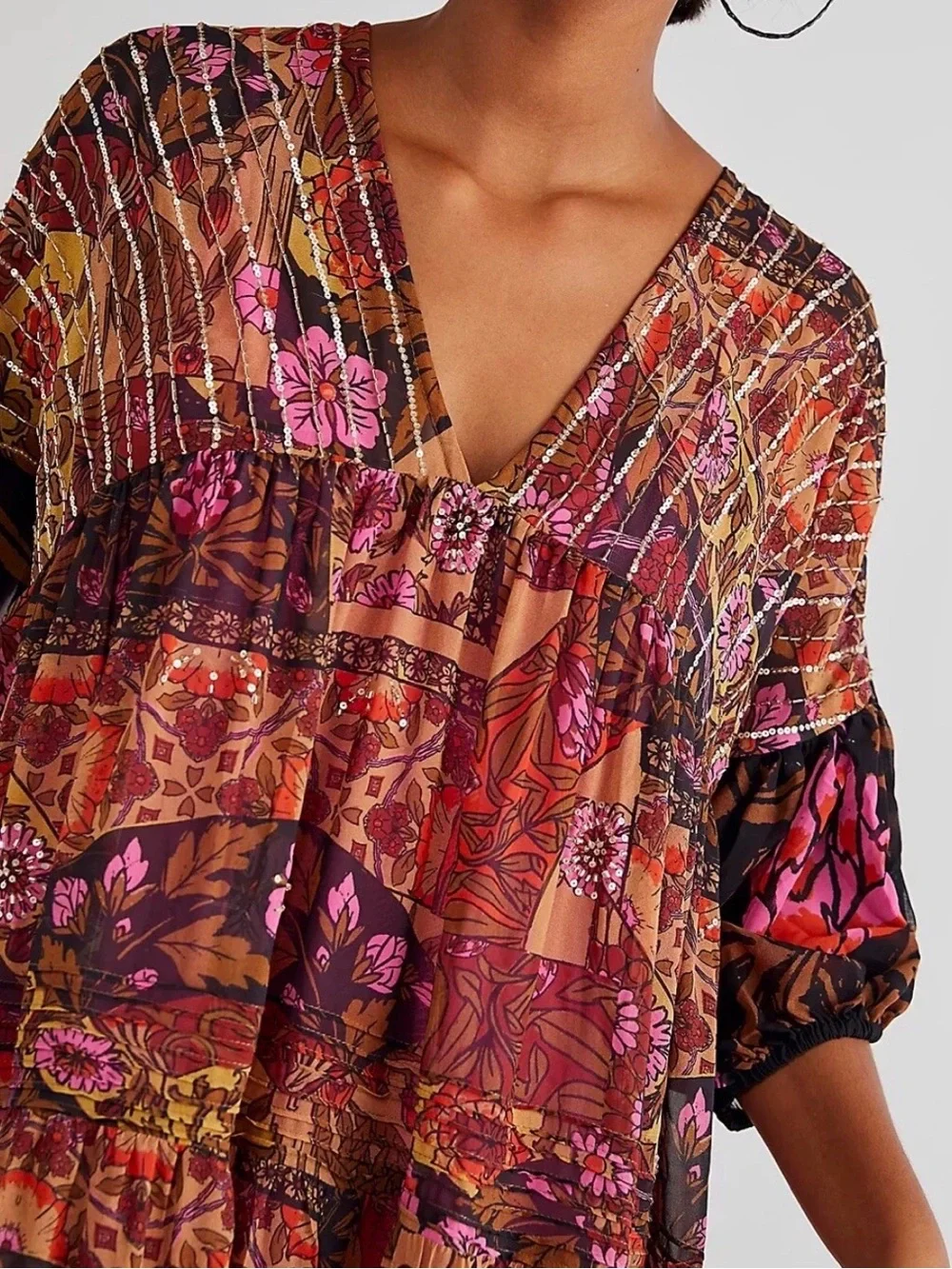 Free people no more to dream Bohemian Patchwork Floral V-Neck Maxi Dress